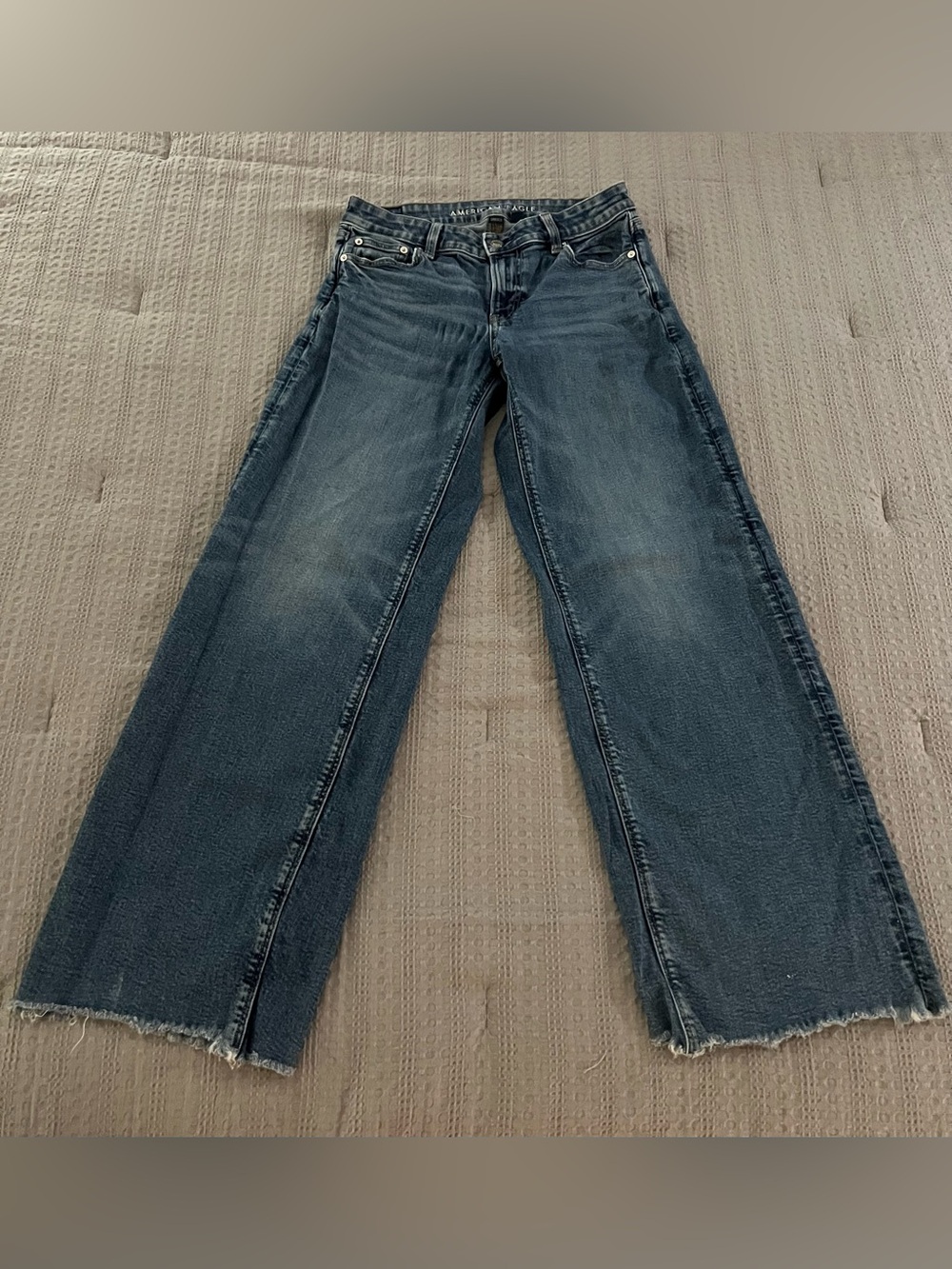 American Eagle Low-Rise Baggy Wide Leg Jeans Women Raw Hem Stretch SZ 4